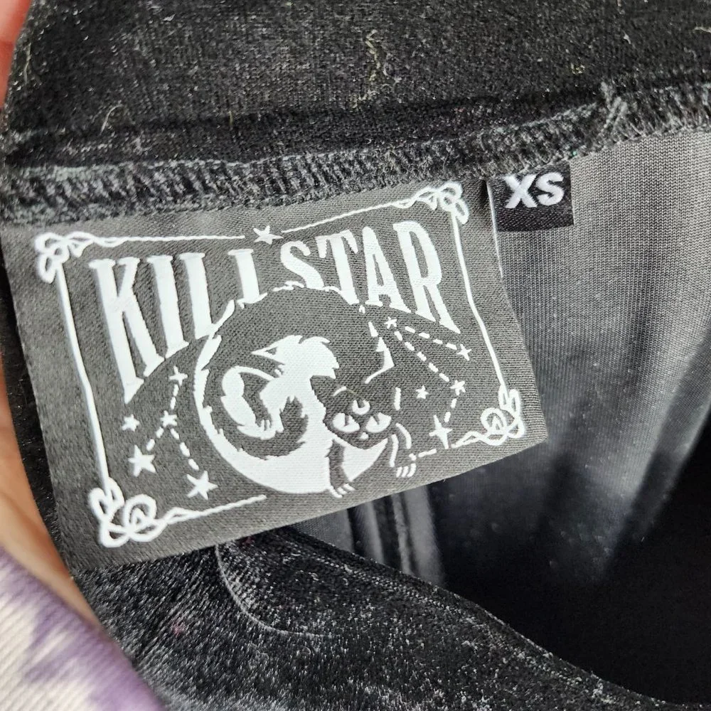 Killstar Nova Black Velour Velvet & Lace Super Flare Bell Bottoms Pull On, sz XS